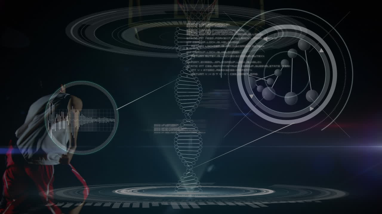 Animation of DNA strand turning with basket player dunking