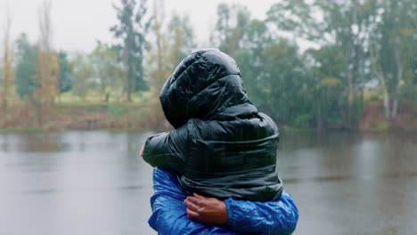 hiking, freedom and an interracial couple hugging