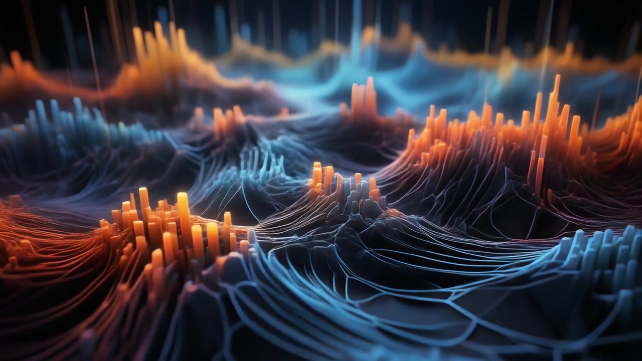 Abstract Digital Data Visualization with Glowing Orange and Blue Waves