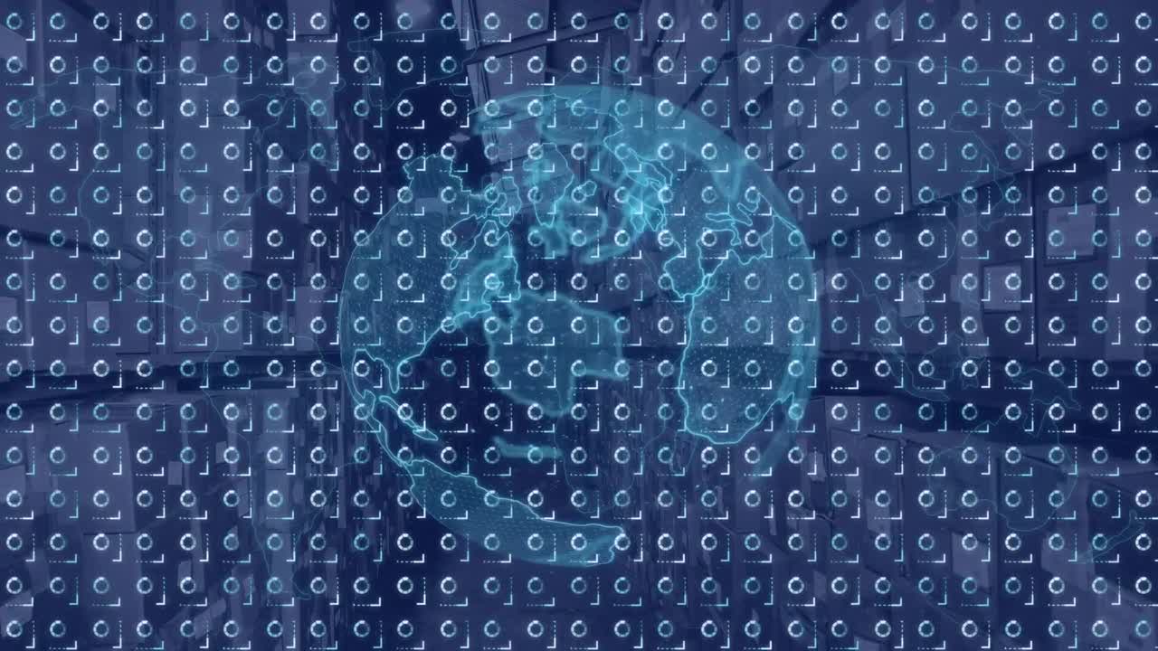 Animation of globe and digital interface with data processing over warehouse