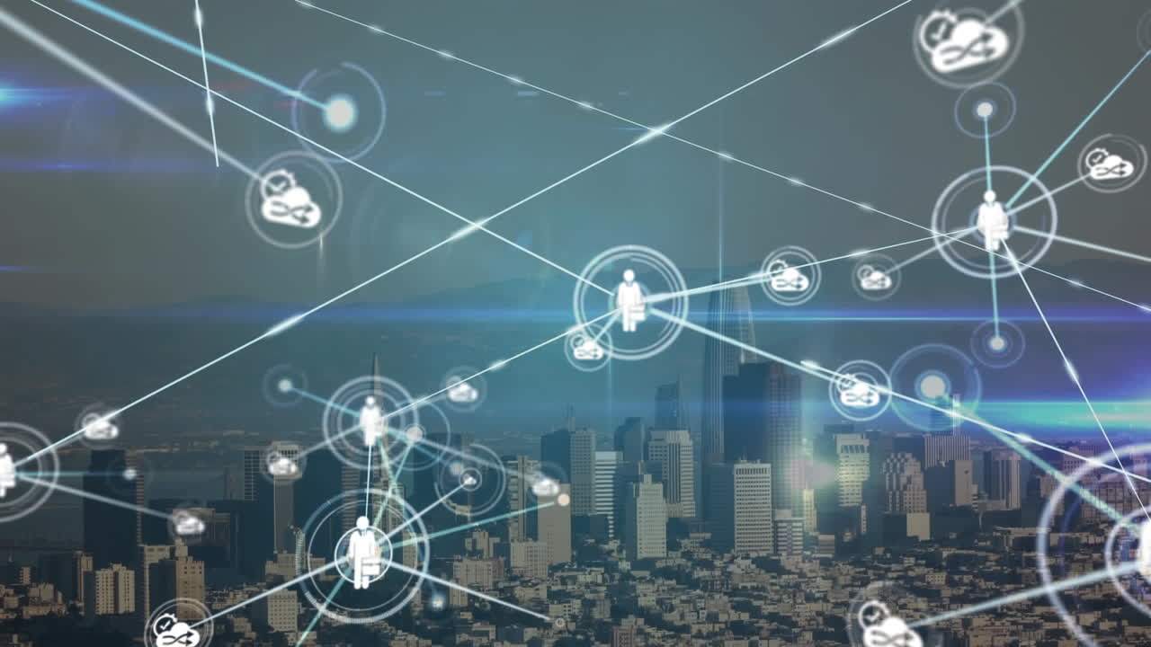 Animation of network of connections over cityscape