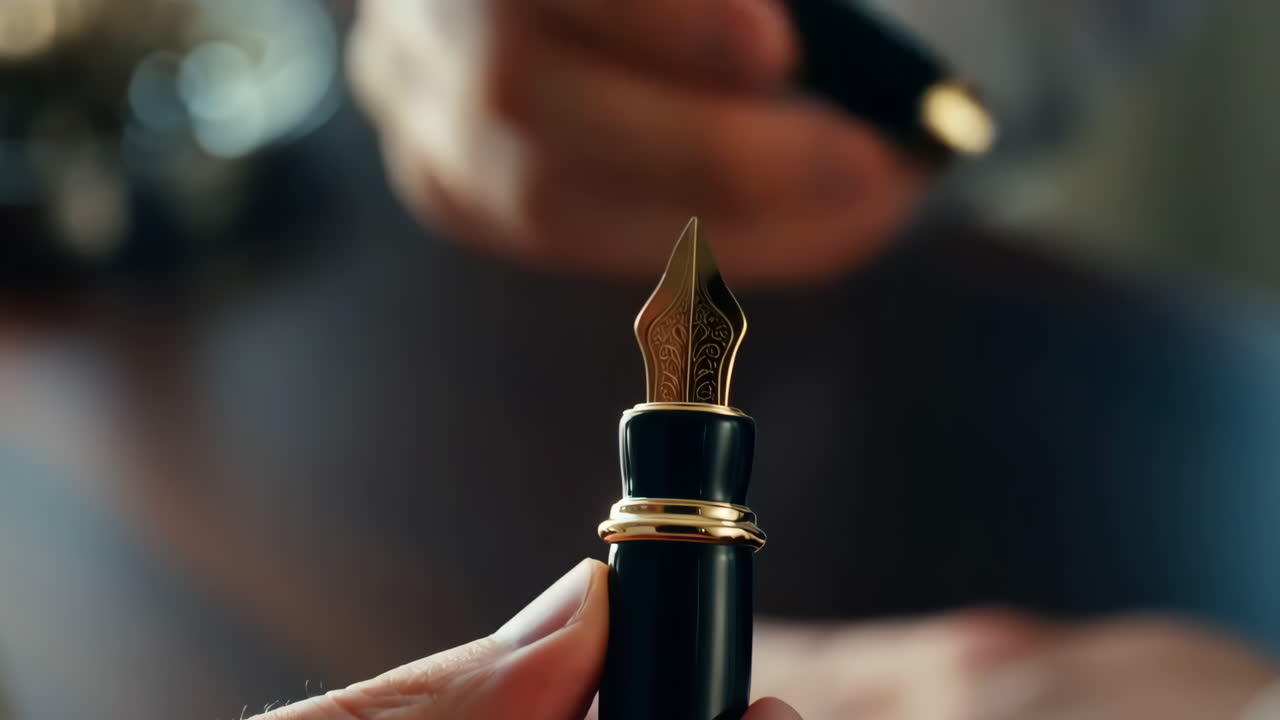 Close-up of a luxurious golden fountain pen nib held by a hand