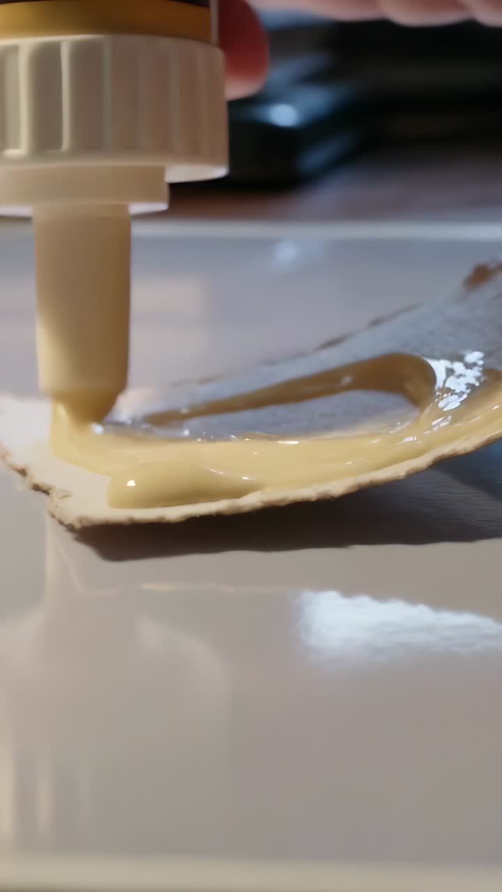Vertical video: Applying yellow glue from nozzle, hands pressing, fixing torn patch on glossy table