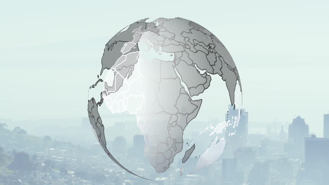 도시 풍경 위에서 회전하는 지구의 애니메이션