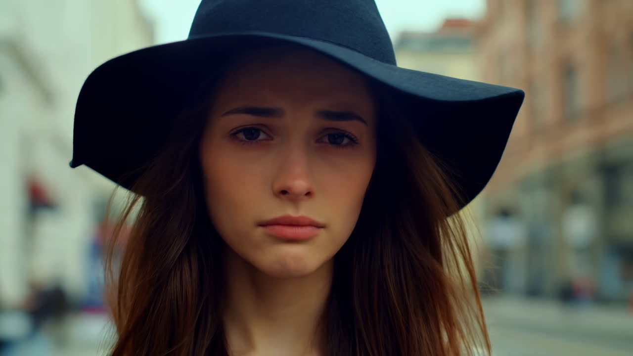 Giovane donna triste con cappello guarda in alto in una strada urbana