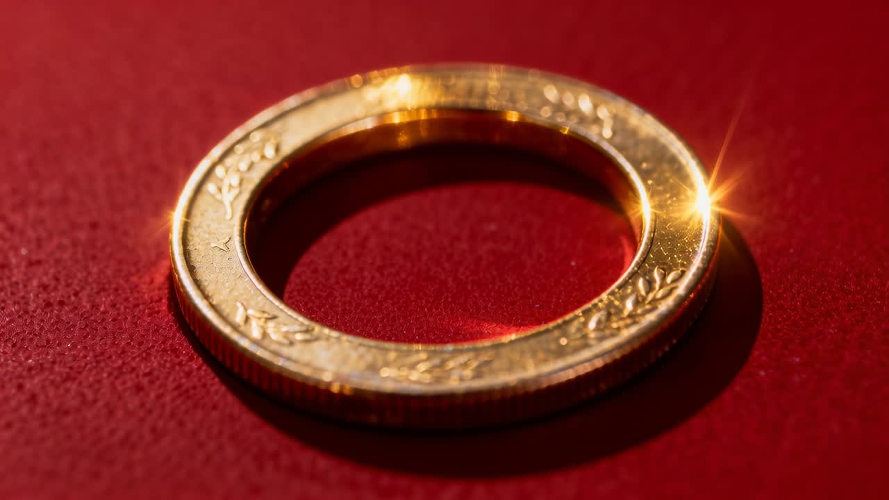 Ponto de luz em movimento iluminando um anel dourado com gravação de louros em um tampo de mesa vermelho texturizado, com um brilho estelar.