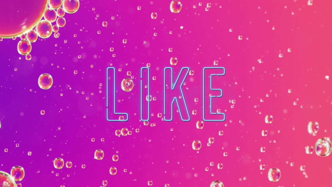 핑크색 배경에 있는 바블의 클로즈업 위에 네온 텍스트와 같은 애니메이션
