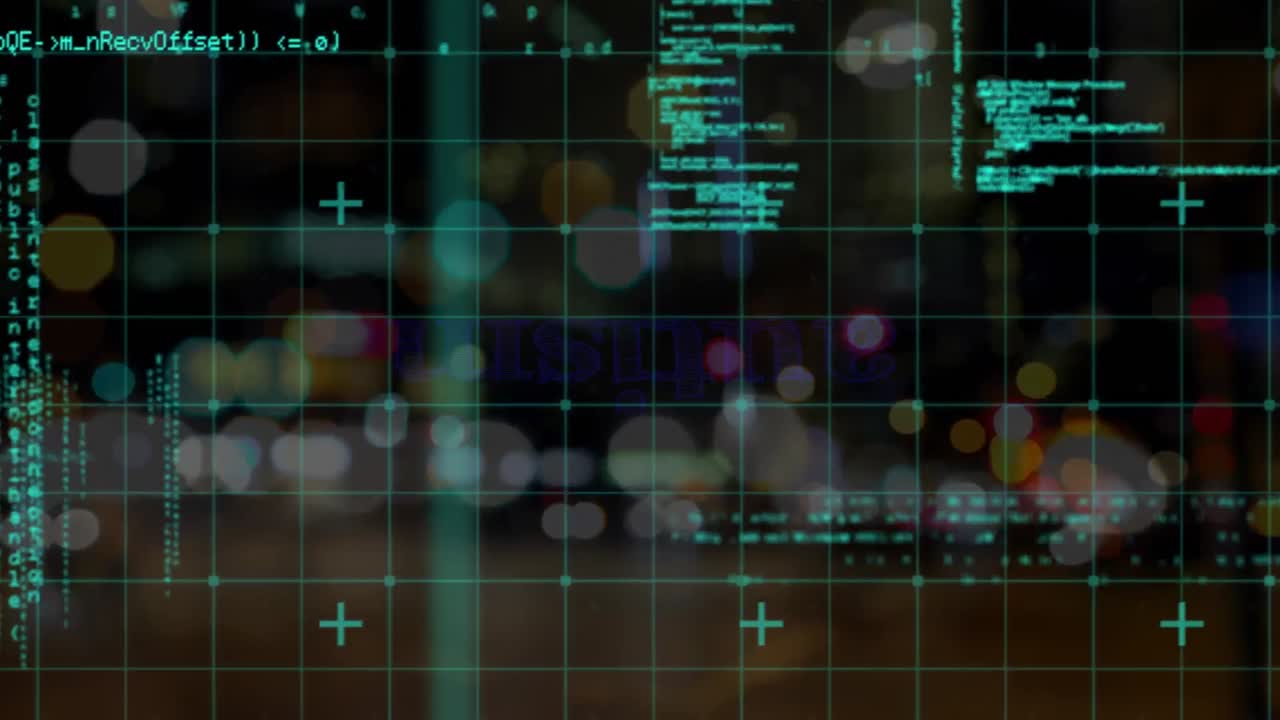 Animation of data processing over blurred city road traffic