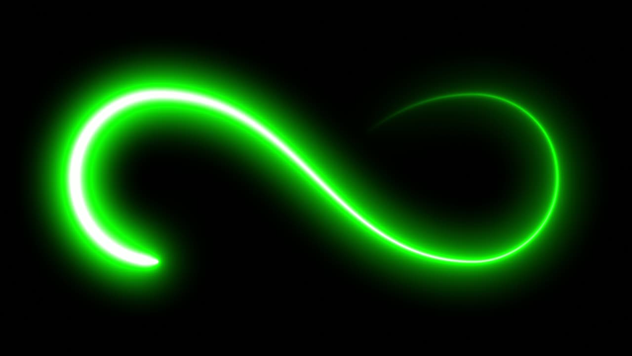 검은색 배경에 빛나는 애니메이션 무한 기호.