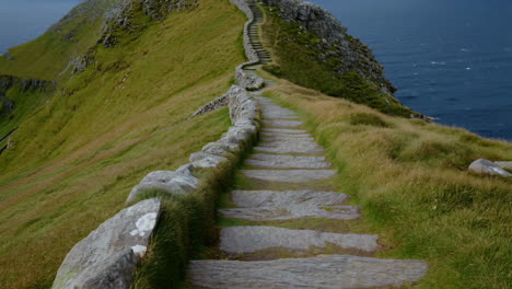 winding stone path on a grassy coastal hill overlooking the ocean