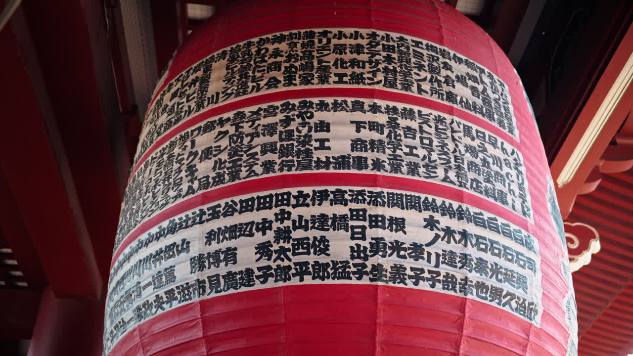 Close up of writing on a red hanging lantern at the Senso-ji temple in Asakusa, Tokyo, Japan. Translation: "City names"