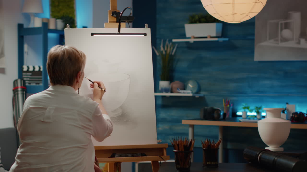 Old person with artistic skills drawing professional sketch