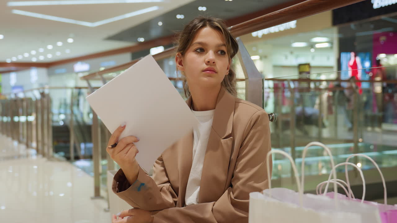 stylish individual presenting project amidst retail environment and onlookers, elegant fashion creator exhibiting portfolio confidently beside shopping bags and bright departmental lighting