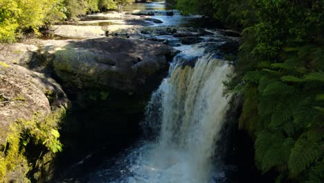 Bravo-River-Waterfalls,-Panoramic-Aerial-Drone-Landscape-in-Chiloé-Chile-Natural-Travel-Patagonian-Destination