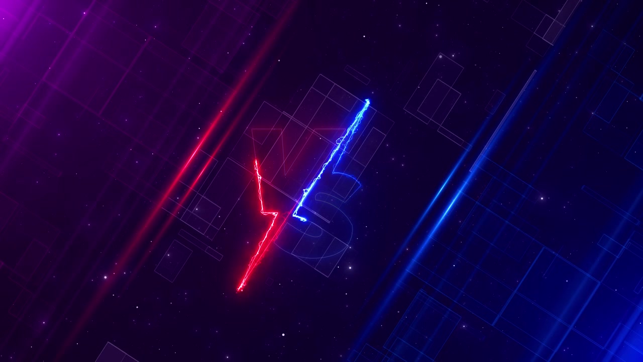 Neon versus red and blue electric shapes space geometric panels diagonal light beams star particles