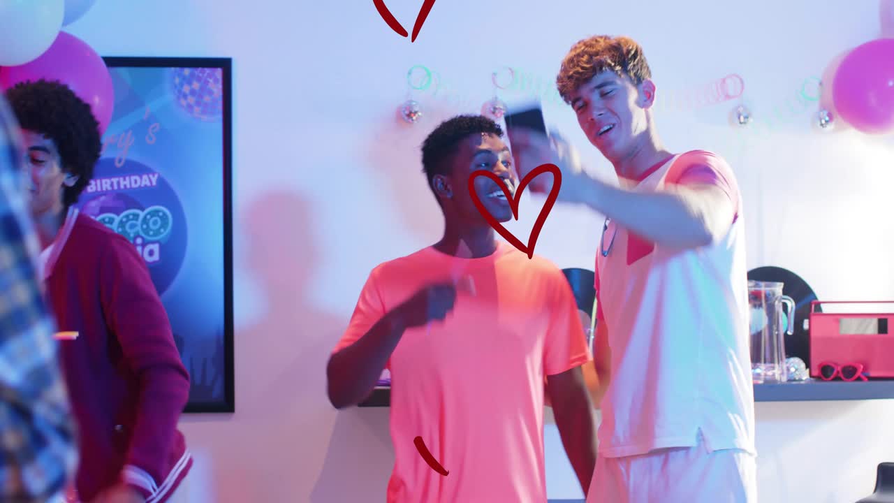 Friends swapping cue and partying, heart doodles overlaying, neon lights guiding selfies