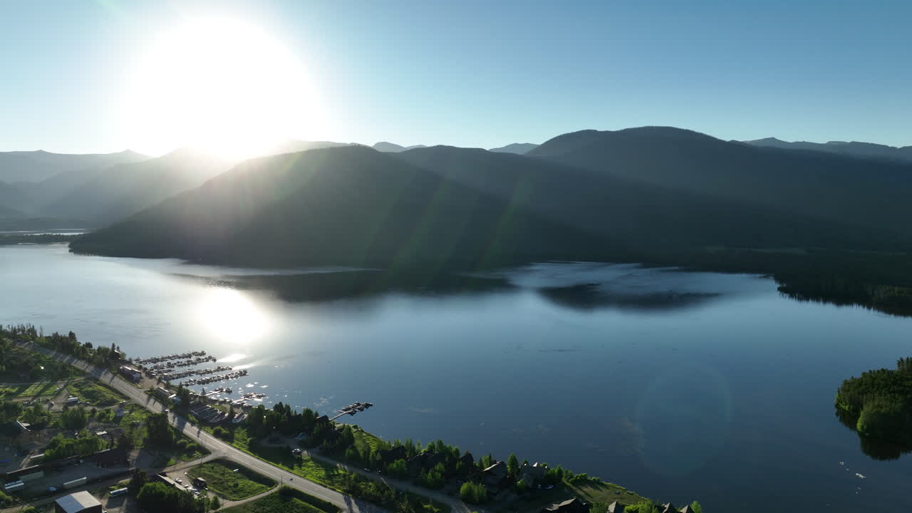 Drone shot of Shadow Mountain Lake at sunrise in Colorado