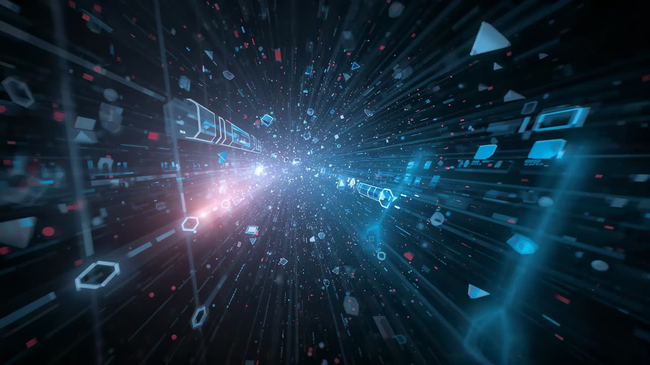 Racing central data tunnel responding to camera push, streaming hexagons and neon rods forward