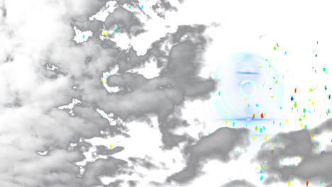 animación de partículas de colores y nubes que se mueven contra un fondo blanco