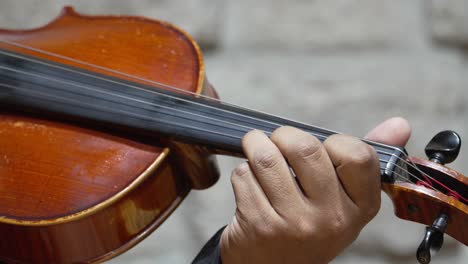 hand and fingers of violinist on fingerboard of violin playing music, close up of musician skill