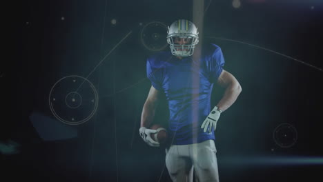 in animation, american football player holding ball wearing blue uniform