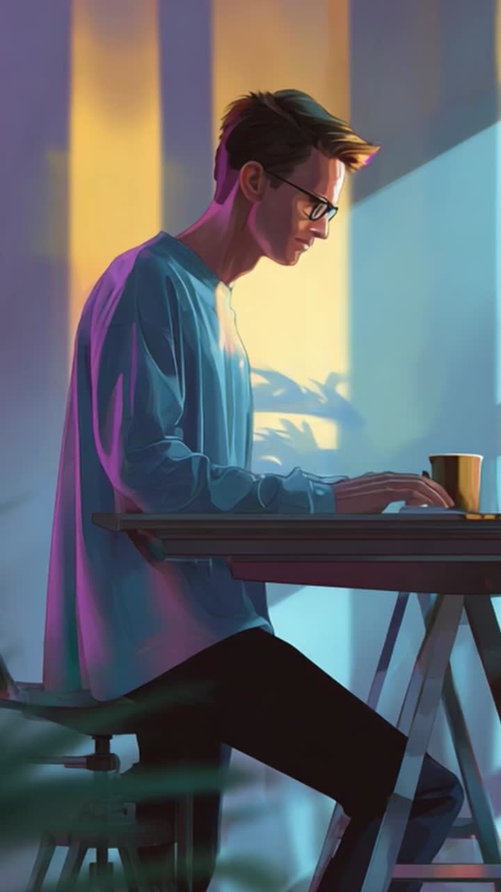 A thoughtful young man focuses on his laptop at a stylish workspace bathed in colorful light, while shadows dance on the wall creating an artistic atmosphere
