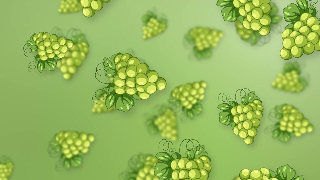 Grappoli d'uva verde stilizzati che cadono continuamente su uno sfondo a rete sfumato e morbido con profondità