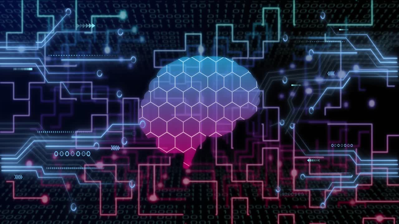Animation of biometric brain, data processing over computer circuit board