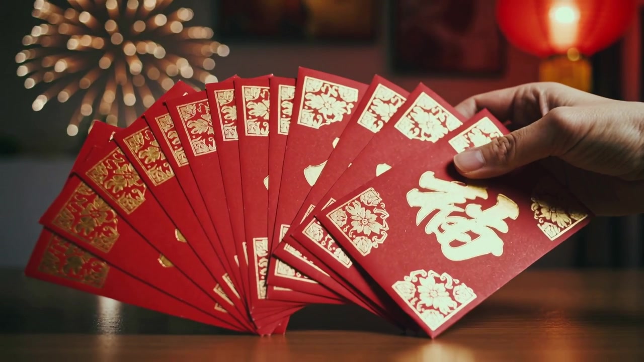 Entering right hand fanning red envelopes on wooden table, arranging hongbao for celebration