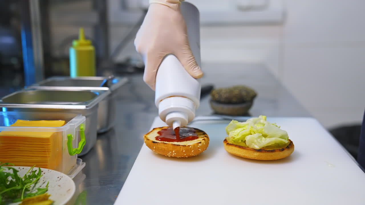 Cook adding ketchup on burger. Preparing burger on kitchen. Cook hands in white gloves preparing and making hamburger. Selective focus.