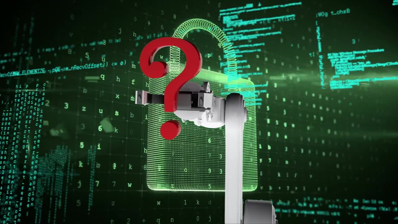 animación del brazo biónico con signo de interrogación, candado digital, flecha y procesamiento de datos