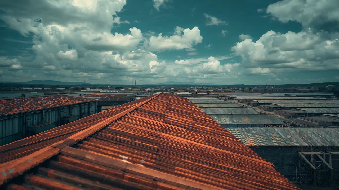 Starting camera shot capturing rusted roof ridge over warehouses, as clouds drifting altering light