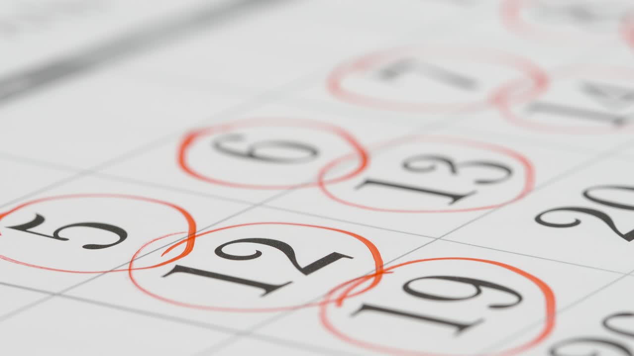 CLOSE UP: Marking (a round) a numbers in a paper calendar - Macro