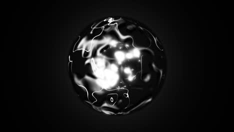 animación de esfera brillante. hay una corriente en constante cambio en la superficie. el fondo es negro. el color de la pelota es negro, y la pelota pequeña dentro es blanca.