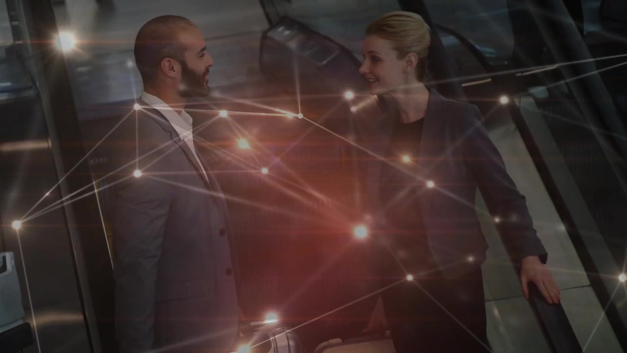 Animation of network of connections over diverse business people at airport