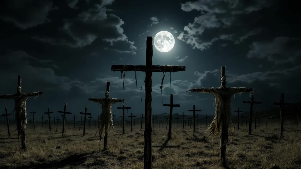 Eerie Moonlit Field with Crosses and Scarecrows