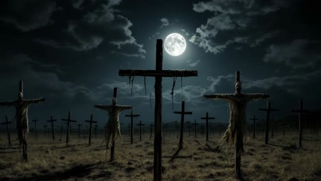 eerie moonlit field with crosses and scarecrows