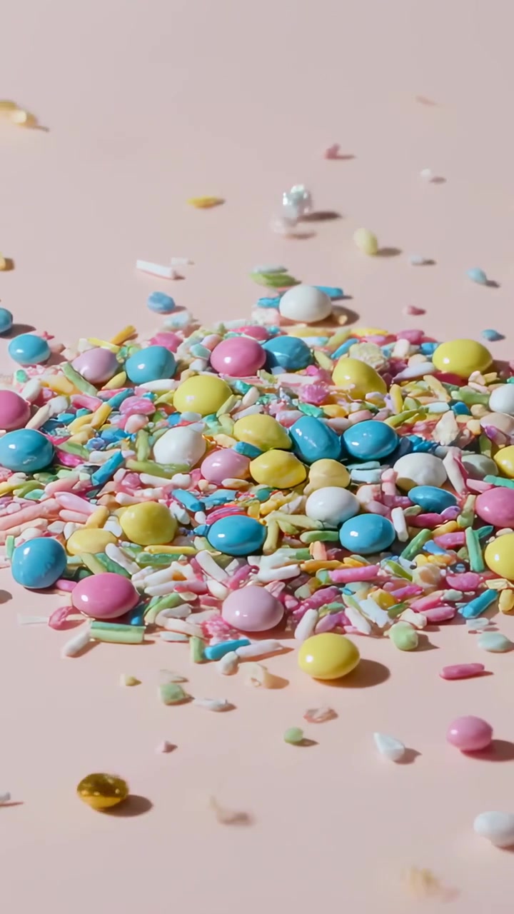 Video vertical: Caramelos pastel y chispas cayendo, formando un montículo en una mesa rosa, lentejuelas.