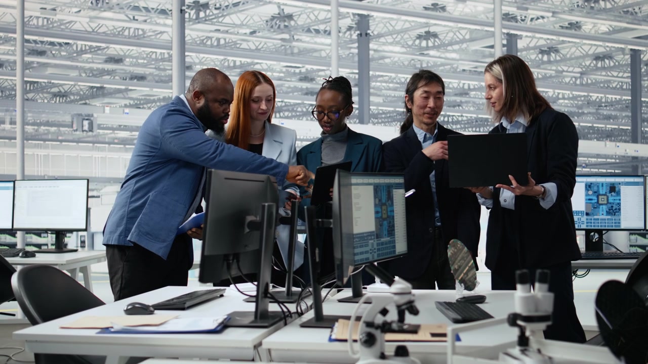 Optimizing PCB production, engineering and portrait of smiling multiethnic team