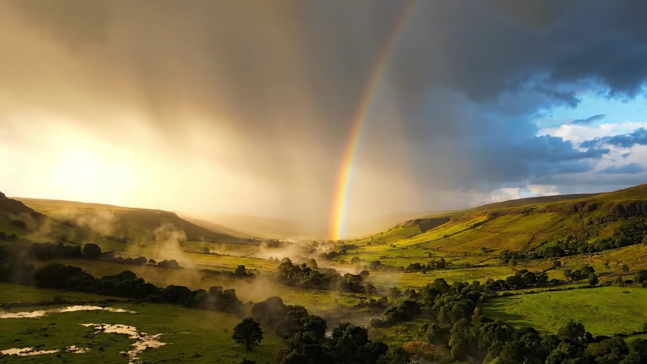 Pelangi yang Memukau Melengkung di Atas Lembah yang Rimbun Saat Awan Hujan Terpisah, Menerangi Pemandangan Indah dengan Cahaya Keemasan dan Kabut Segar Pasca-Hujan di Udara