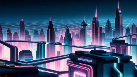 futuristic neon cityscape at night with flying vehicles