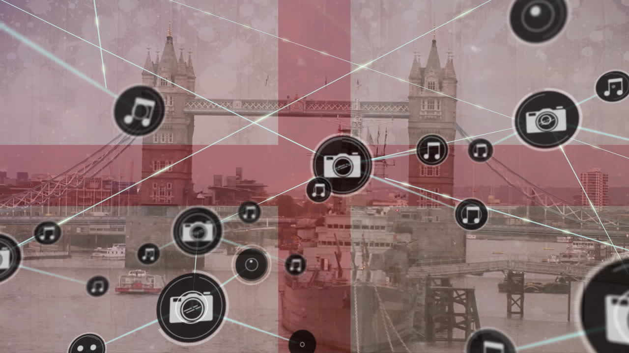 런던 브리지에 대해 영국 발을 흔들고 있는 디지털 아이콘 네트워크의 애니메이션