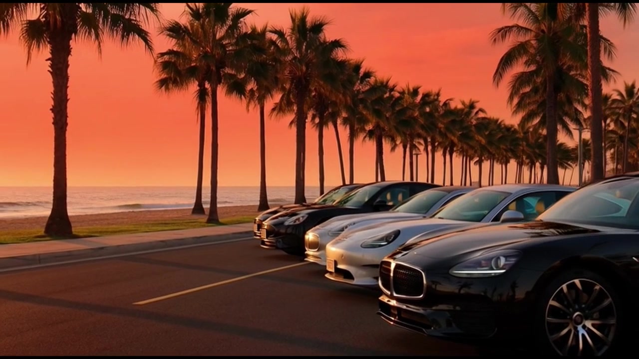 Coches de lujo estacionados a lo largo de una playa tropical al atardecer