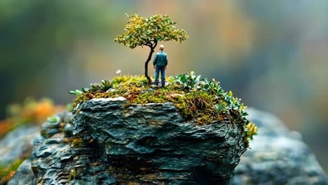 figure on rocky outcrop beside small tree in calm landscape