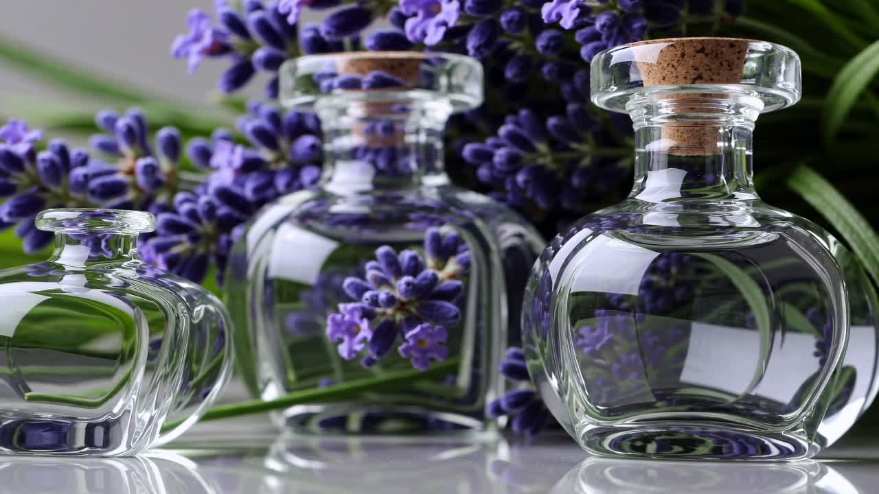 Primo piano di bottiglie di olio essenziale di lavanda con fiori freschi