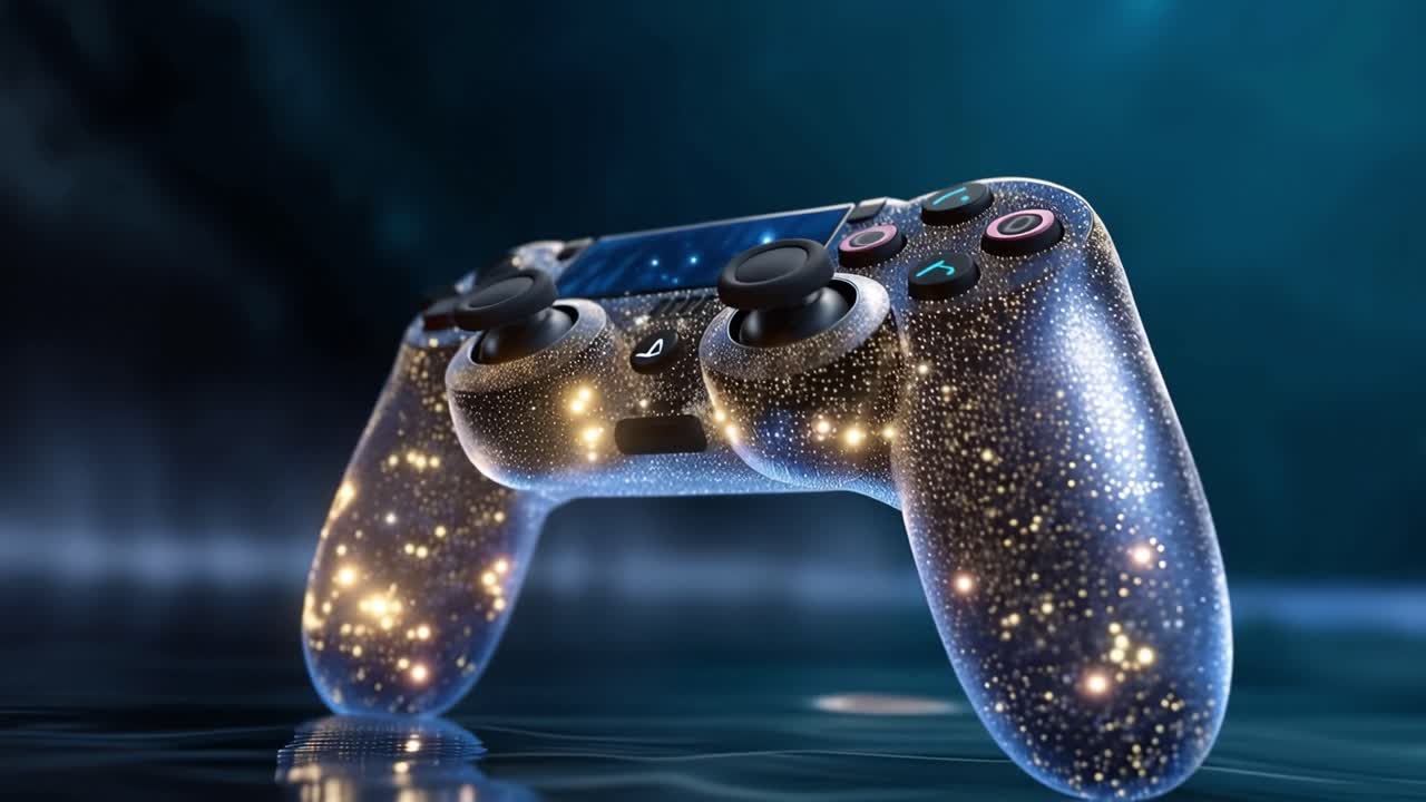 Cosmic controller glows softly against dark backdrop. Stars shimmer across its surface like scattered light. Reflections ripple beneath it on glossy surface
