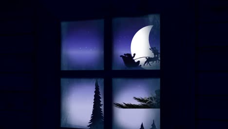 marco de la ventana sobre santa claus en trineo siendo tirado por renos contra el cielo nocturno