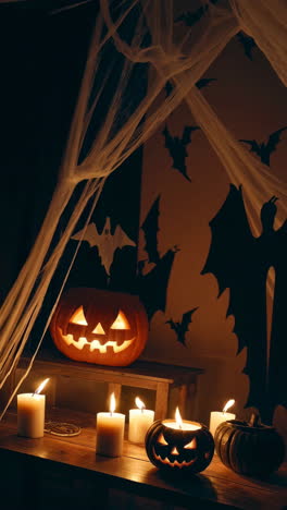 halloween decorations with pumpkins, bats, and candles