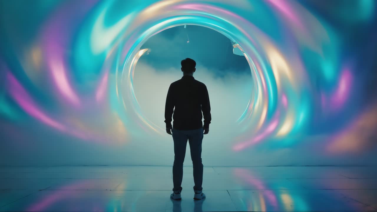 Man contemplating a vibrant swirling portal