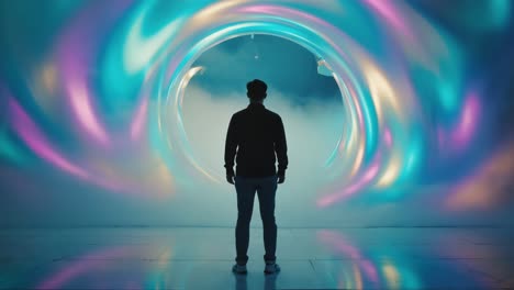 man contemplating a vibrant swirling portal